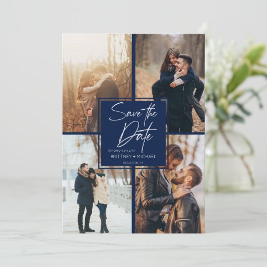 Modern Afbeelding Collage Navy Blue Save The Date (Staand voorkant)