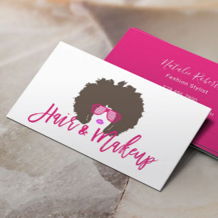 Modern Afro Hair Girl Hot Pink Script Beauty Salon Visitekaartje