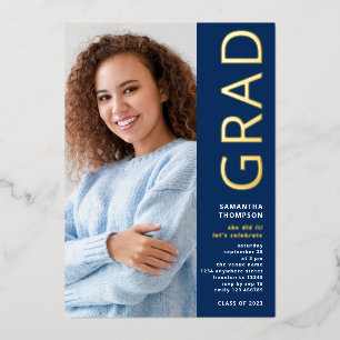 Modern Afstudeerder 2025 Foto Afstuderen Navy Gold Folie Uitnodiging
