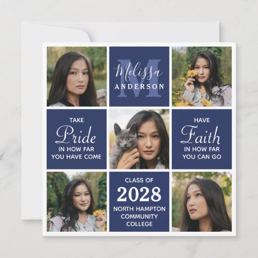 Modern Afstudeerder 5 Foto Collage Navy Blue Afstu Aankondiging (Voorkant)