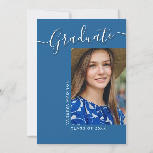 Modern Afstudeerder | Blue 1 Photo Elegant Script Aankondiging (Voorkant)