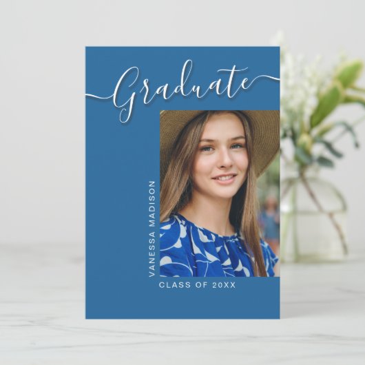 Modern Afstudeerder | Blue 1 Photo Elegant Script Aankondiging (Staand voorkant)