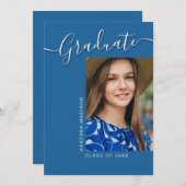 Modern Afstudeerder | Blue 1 Photo Elegant Script Aankondiging (Voorkant / Achterkant)