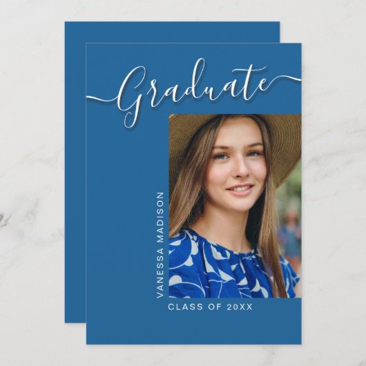 Modern Afstudeerder | Blue 1 Photo Elegant Script Aankondiging (Voorkant / Achterkant)