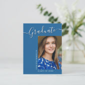 Modern Afstudeerder | Blue 1 Photo Elegant Script Briefkaart (Staand voorkant)