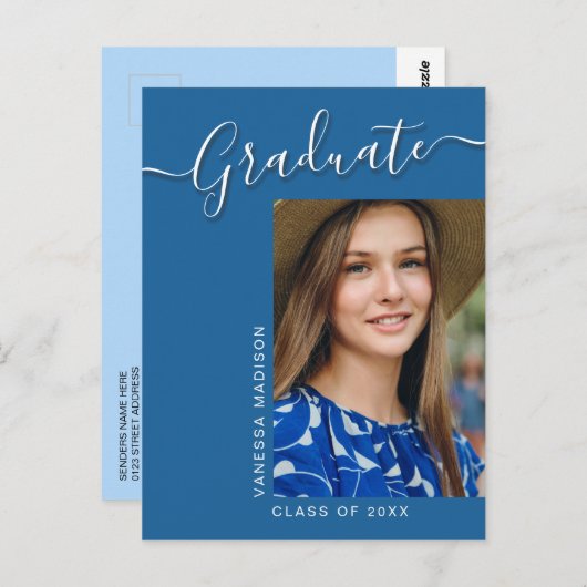 Modern Afstudeerder | Blue 1 Photo Elegant Script Briefkaart (Voorkant / Achterkant)