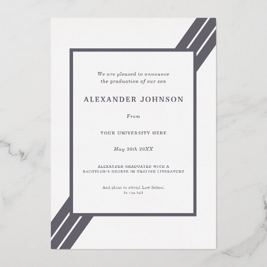 Modern Afstudeerder foto grijs en goud Folie Uitnodiging (Achterkant)