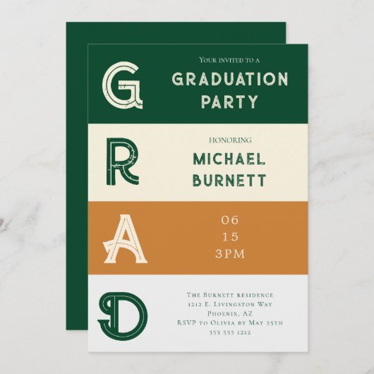 Modern Afstudeerder groen gestreept Afstuderen Kaart (Voorkant / Achterkant)