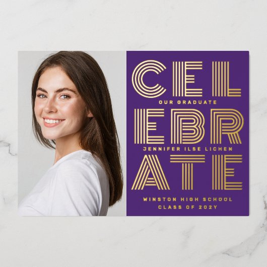 MODERN AFSTUDEERDER PARTY twee foto goud paarse Folie Uitnodiging (Voorkant)
