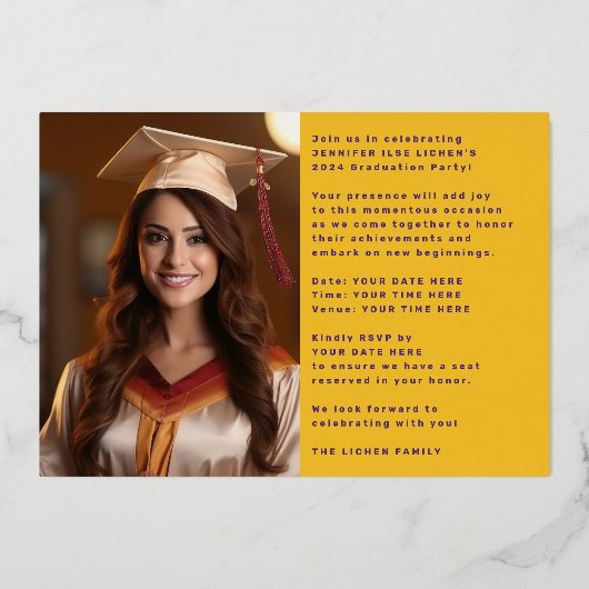 MODERN AFSTUDEERDER PARTY twee foto goud paarse Folie Uitnodiging (Achterkant)