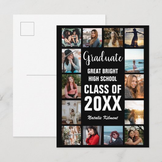 Modern Afstuderen 14 Photo Collage Black Afstudere Aankondigingskaart (Voorkant / Achterkant)
