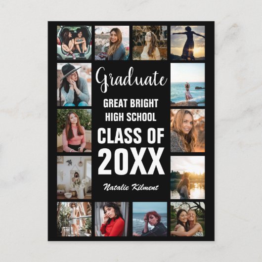 Modern Afstuderen 14 Photo Collage Black Afstudere Aankondigingskaart (Voorkant)