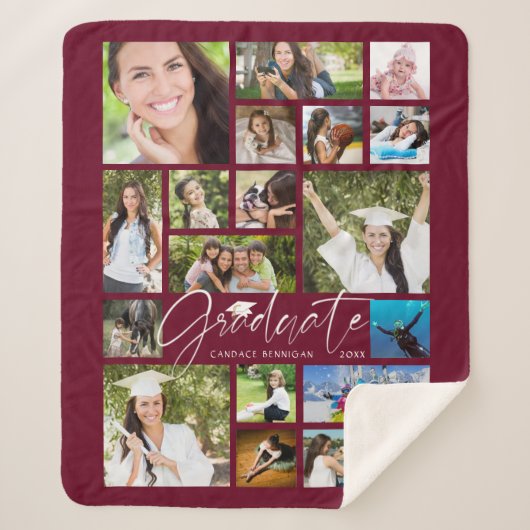 Modern AFSTUDEREN 19 Photo Collage Script Maroon Sherpa Deken (Voorkant)