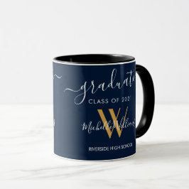 Modern Afstuderen 2023 Blauw Goud Monogram Naam Mok