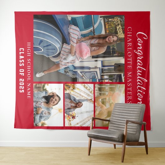 Modern Afstuderen 2025 Fotocollage Rode achtergron Wandkleed (In Situ (horizontaal))