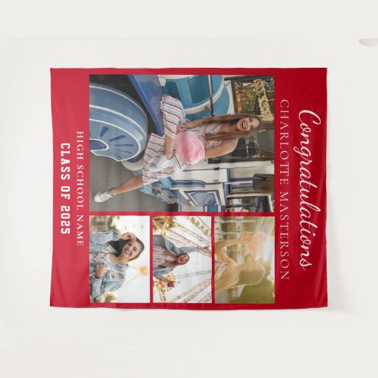 Modern Afstuderen 2025 Fotocollage Rode achtergron Wandkleed (Voorkant (horizontaal))