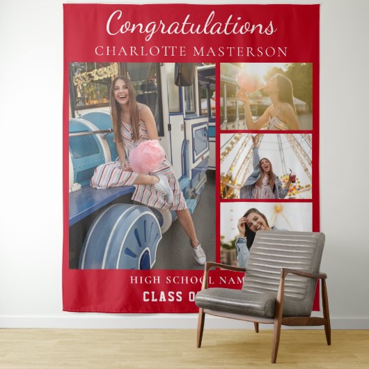 Modern Afstuderen 2025 Fotocollage Rode achtergron Wandkleed (In situ)