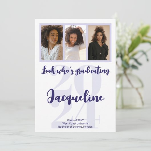 Modern Afstuderen 2025 Paarse Script Fotocollage Kaart (Staand voorkant)