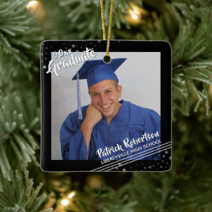 Modern Afstuderen 2 foto's Brush Script Black Star Keramisch Ornament