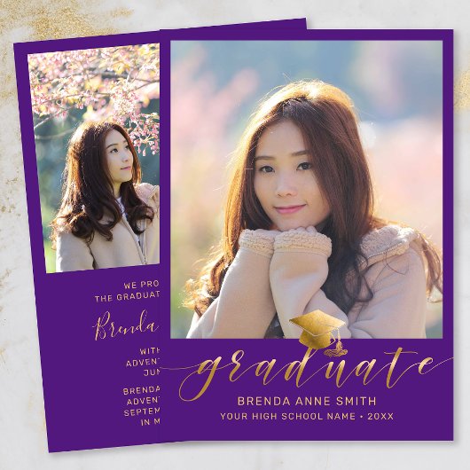 Modern Afstuderen 2 Paars Pet met foto Gold Script Aankondiging