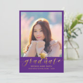 Modern Afstuderen 2 Paars Pet met foto Gold Script Aankondiging (Staand voorkant)