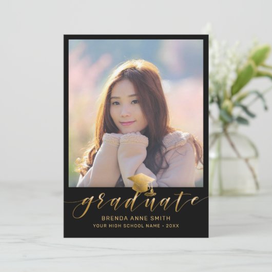 Modern Afstuderen 2 Pet met foto Gold Script op zw Aankondiging (Staand voorkant)