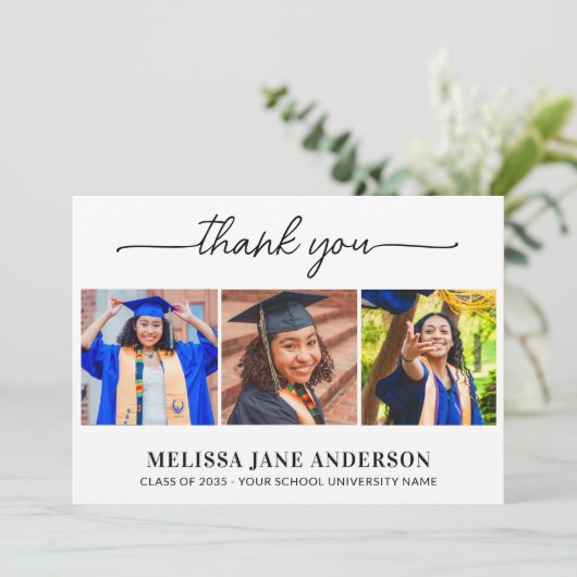 Modern Afstuderen 3 foto gepersonaliseerd Afstuder Bedankkaart (Staand voorkant)