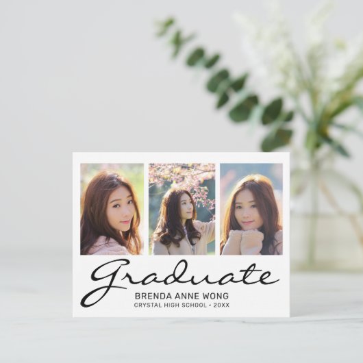 Modern Afstuderen 3 Zwart fotocollage-script Aankondigingskaart (Staand voorkant)