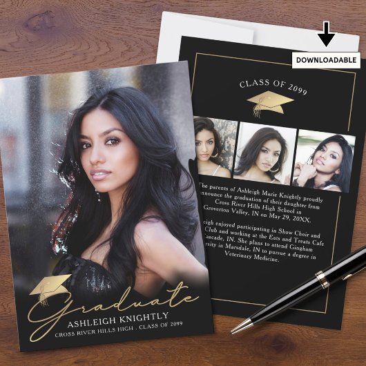 Modern Afstuderen 4 foto's Script Pet Zwart Goud Aankondiging
