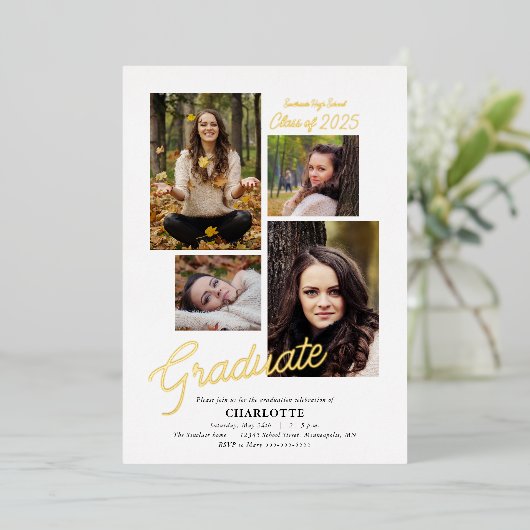 Modern Afstuderen Afstuderen voor fotocollage Gold Folie Uitnodiging (Staand Voorkant)