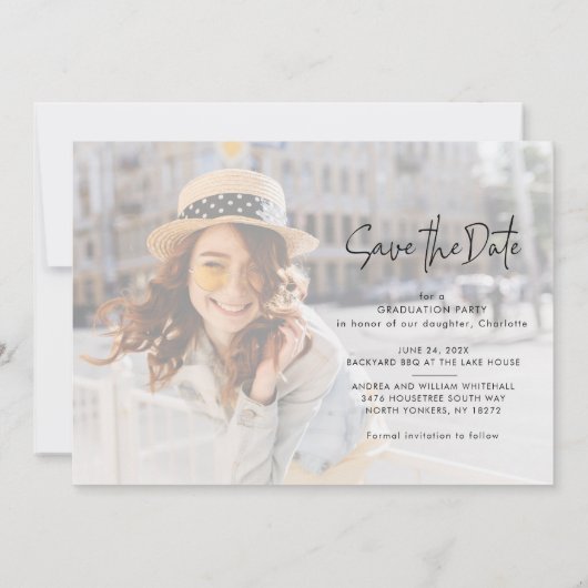 Modern Afstuderen Bewaar de datum Afstudeerder Fot Aankondiging (Achterkant)