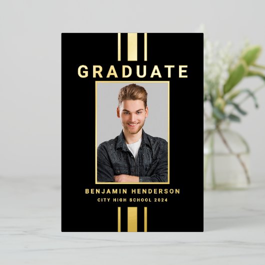 Modern Afstuderen Black Gold Foil Aankondiging (Staand Voorkant)