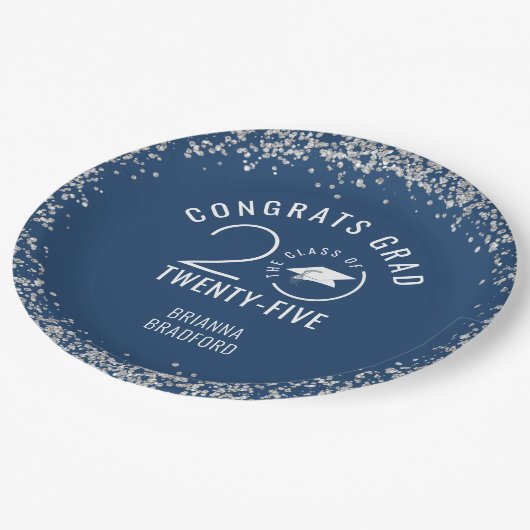 Modern Afstuderen Blauw Faux Silver Glitter Papieren Bordje (Gekanteld)