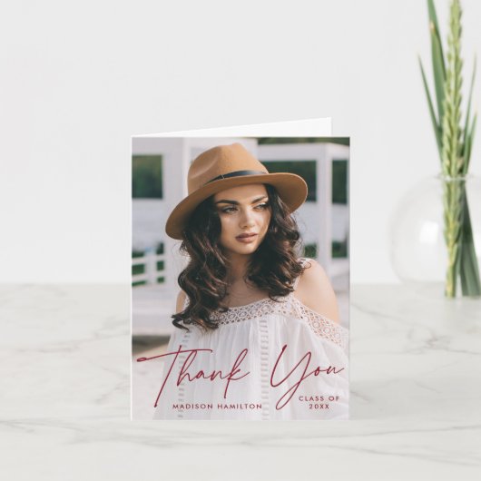 Modern Afstuderen Burgundy Script Photo Afstuderen Bedankkaart (Voorkant)