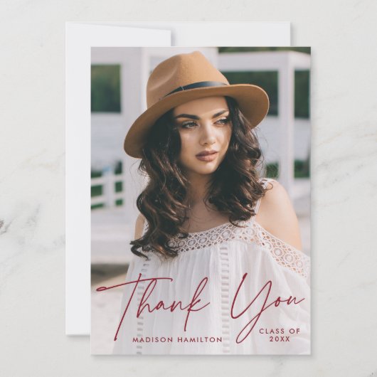 Modern Afstuderen Burgundy Script Photo Afstuderen Bedankkaart (Voorkant)