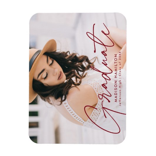 Modern Afstuderen Burgundy Script Photo Afstuderen Magneet (Verticaal)
