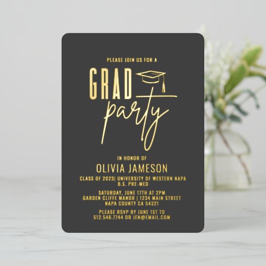 Modern Afstuderen Calligrafiescript | Fotopartij Folie Uitnodiging (Staand Voorkant)