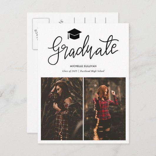 Modern Afstuderen Casual script | Afstudeerder twe Aankondigingskaart (Voorkant / Achterkant)