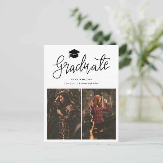 Modern Afstuderen Casual script | Afstudeerder twe Aankondigingskaart (Staand voorkant)