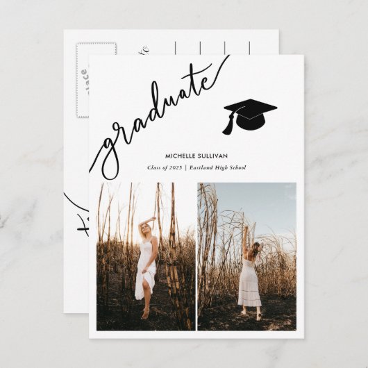 Modern Afstuderen Casual script | Afstudeerder twe Aankondigingskaart (Voorkant / Achterkant)