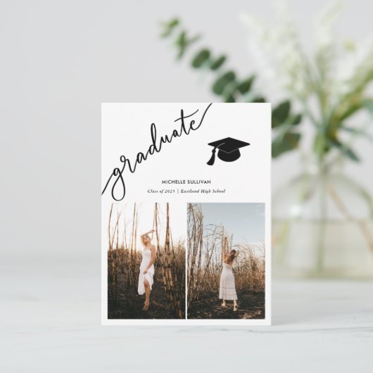 Modern Afstuderen Casual script | Afstudeerder twe Aankondigingskaart (Staand voorkant)