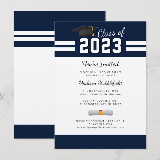 Modern Afstuderen Chic Navy Blue Party Kaart (Voorkant / Achterkant)