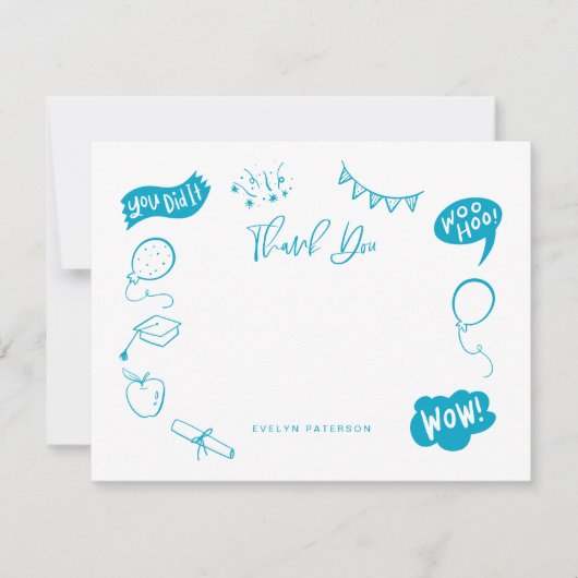 Modern Afstuderen Doodle Blauw Geel Dank u Notitiekaartje (Voorkant)