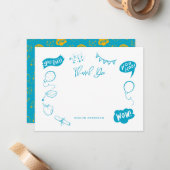 Modern Afstuderen Doodle Blauw Geel Dank u Notitiekaartje (Voorkant / Achterkant in situ)