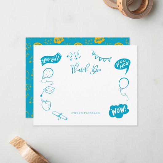 Modern Afstuderen Doodle Blauw Geel Dank u Notitiekaartje (Voorkant / Achterkant in situ)