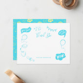 Modern Afstuderen Doodle Blue Limoen Dank u Notitiekaartje (Voorkant / Achterkant in situ)