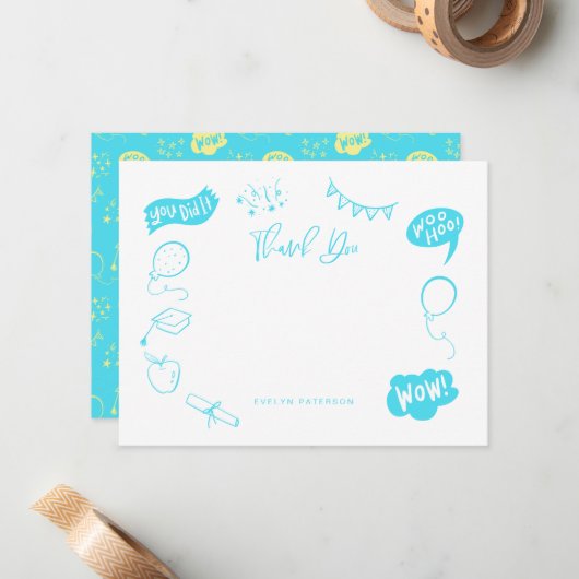 Modern Afstuderen Doodle Blue Limoen Dank u Notitiekaartje (Voorkant / Achterkant in situ)