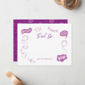 Modern Afstuderen Doodle Paarse Dank u Notitiekaartje (Voorkant / Achterkant in situ)