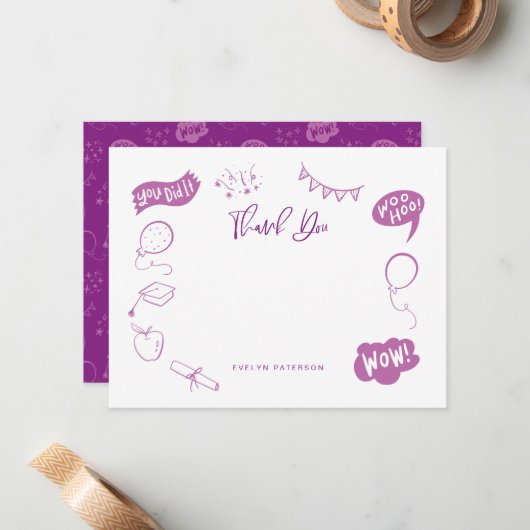 Modern Afstuderen Doodle Paarse Dank u Notitiekaartje (Voorkant / Achterkant in situ)