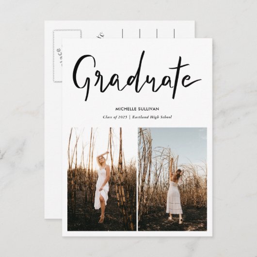 Modern Afstuderen Elegant Script | Afstudeerder tw Aankondigingskaart (Voorkant / Achterkant)